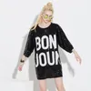 Casual Dresses Women o-hals 3/4 Sleeve Loose Logo Sequin T-shirt Dress Summer Streetwear Hip-Mesh Overized Long Tee