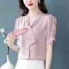 Women's Blouses & Shirts Chic Striped Silk Blouse Elegant Bow V-Neck Shirt Summer 2022 Short Sleeve Top Blusas Mujer M-4XLWomen's