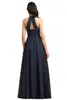 2022 Elegant Navy Blue Bridesmaid klänningar en linje halter nacke veckor ruffles lång hembiträde klänningar kvinnor tillfälle kväll prom kläder plus size bm3005 0702