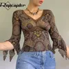 Rapcopter Dentelle Floral Crop Top Esthétique y2k T Shirt Grunge Vintage Col En V Automne Pulls Femmes Harajuku Mignon Tshirt Coréen 220407