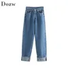 Nuovi jeans a vita alta denim jeans da donna casual larghi blu dritti pantaloni da donna a gamba larga bottoni jeans mamma 210414