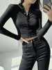 Women's T-Shirt Casual Style Simple Solid Color Single-breasted Slim Long-sleeved Bottoming Top Women's V-neck Sexy Short P3LLWomen's