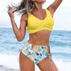 Medom Swimwear Summer Tow Pedaçados de banho Mulheres Flor Ruched Push Up Bikinis Wrap Front High Casting Print Buquini 2022 Women's