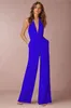 Women's Two Piece Pants Casual Jumpsuit Sexy Sleeveless Halter Pure Color Beam Waist Deep V Neck Ultra-wide-leg trousers ONE-PIECE Loose Pants simple style Siamese