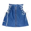 Denim A-Line Lace-up Kjol Front Ring Zipper Fashion Empire Mini Bottom 220401