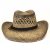 Baskrar Boho Natural Straw Cowgirl Cowboyhattar med turkos hattband Autentisk Western Sombrero Unisex Sommarsemester Strandfest KepsBarets