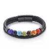 Beaded Strands Natural Stone Bracelet Stainless Steel Magnetic Clasp Leather Bracelets 7 Chakra Beads Fashion Men Bangles Fawn22
