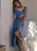 Summer Femme Puff Sleeve Backless Midi Robe Vintage Floral Print Floral Split Blue Sundren Elegant Party Beach Ladies Robe 220423