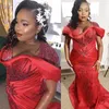 2022 Plus Size Arabic Aso Ebi Red Luxurious Mermaid Prom Dresses Pärled Crystals Sexig kväll Formell Form Party Second Reception Birthday Engagement Gowns Dress ZJ846