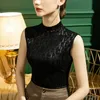 Kobiety Odzież Bez Rękawów Turtleneck T-shirt List Enloced Mesh Woman Top Wiosna Lato Topy na 220325