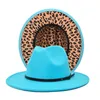 Outer Solid color Inner Leopard Wool Felt Jazz Fedora Hats with Thin Belt Buckle Men Women Wide Brim Panama Cap