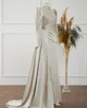 White Sheath Prom Dresses Long Sleeves High Neck Satin Appliques Sequins Beads Lace Shiny Floor Length Party Evening Gowns Plus Size Custom Made Tailored