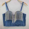 Fashion Ladies Camis Runway Jeans Crop Top Luksus Blue Sexy Celebrity Party Club Kamizelka 210401