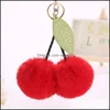 Keychains Fashion Accessories Cute Cherry Key Chain Pendant Leaf Keyring Faux Rabbit Fur Ball Pompom Fruit Women Bag Charms Dhhfx