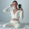 Fashion Fleece Fuzzy Cozy 2 Piece Pant Sets Women sexy Cross Tie Up Long Sleeve Crop Top and Pants Winter Clothes Loungewear 220315