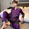 Mężczyźni Pajama Sets Silk Satin Pijama Zarwij kołnierz śpiączką długie rękaw Sprężyn nocny Mężczyzna 2 sztuki odzież domowa CM11 220718