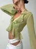 ALLNeon Vintage anni '90 Streetwear Ruffles Trim T-shirt in chiffon verde Y2K Fashion Sexy Deep V Lace Up Top manica lunga Trasparente 220408