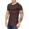 Men's T-Shirts Men T-Shirt Casual Gym Sport Muscle Bodybuilding Fitness Weight Training Solid Top Hole Ripped Cotton T Shirts Male Streetwea