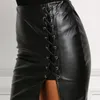 Summer Sexy Girls Above Knee Black PU Leather Mini Skirts Spring Women High Waist Bodycon Front Split Elegant Short Skirt DS334 220322