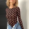 Koszulka damska Kobiety z długim rękawem T-shirty Solidny kolor jedwabny półksiężyc księżyc nadruk bodycon okrągła szyja szczupłe topy dama moda T230301