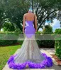 Robes de bal de plumes violettes de luxe pour les filles noires Sexy Halter Neck Mermiad Robes pour la fête d'anniversaire Porter des robes de soirée formelles