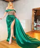 2022 Luxury Plus Size Arabic Aso Ebi Hunter Green Prom Dresses Beaded Crystals High Side Split Floor Length Evening Party Second Reception Gowns Custom Made B0408