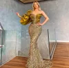 2022 Long Sleeve Gold Beaded Sequined Mermaid Evening Dresses Gowns For Woman Night Wear Party Plus Size Abendkleider B0712x23