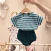 男の子の女の子ストライプ2pcsセットサマーコットンカジュアルTシャツ男の子ショートスリーブショートパンツ衣装ベビー服セット220509