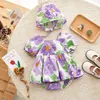 Infant Baby Girls Rompers Dress Floral Print Square Neck Short Sleeve Tutu Jumpsuits Summer Casual Bodysuits with Hat