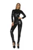 여성 점프 슈트 Rompers 라텍스 Catsuit 가짜 가죽 여성 블랙 Wetlook PVC 바디 수트 섹시한 Bodycon 에로틱 오픈 가랑이 의상 ClubwearWome