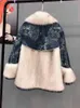 Roupas femininas 2022 Winter Koreaanse mode vrouw blauwe denim stiksel mid-lengte bontjassen elegant los bont overjas femme t220810