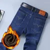 Classique hommes coupe régulière polaire jean mode d'affaires lâche décontracté pantalon extensible marque masculine plus velours rembourré pantalon chaud 220726