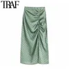 TRAF Mulheres vintage elegantes polka ponto plissado midi saia moda moda cintura lateral zíper fenda saias femininas chic faldas mujer 220812