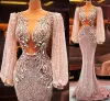 Pink Mermaid Evening Dresses Scoop Neck Long Poet Sleeves Beaded Crystals Ruched Pleats Sparkly Sequins Floor Length Custom Made Prom Party Gowns Vestido