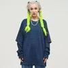 Fake Two-Piece T Shirt Striped Oversized Grey Blue Långärmad Top Koreansk stil Mode Loose Men's and Women's Clothing 220325