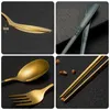 أدوات المائدة الذهبية 3pcs/مجموعة أدوات مائدة محمولة مع Case Chopsticks Fork Fork Soup Spoon Camping Outdoor Picnic Pansils Y220530