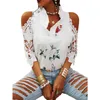 Mode Sexy Panneau En Dentelle Hors Épaule T-shirt Élégant Imprimé Floral À Volants Col En V Manches Quart Blanc Pull Tops White Street 220511