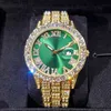 Missfox Luxury Brand Watch Man's Green Round Dial Men Gold Watch Big Diamnd Bezel Kalender Stainls Steel Top Watch Male