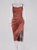 Asia satynowa sukienka spaghetti Pasek podzielony koziołowy szyja 2 -warstwowa elastyczna sukienka midi eleganckie seksowne sukienki dla kobiet 220511