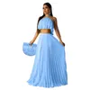 Women Two Piece Dress Sets Summer Skirt Set Outfits Sexy Sleeveless Halter Neck Crop Top Pleated Long Skirts Suits