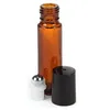 24pcs 10mlアンバーガラスロールボトルの空のバイアルは、エッセンシャルオイル用のステンレススチールメタルローラーボールを備えています香水アロマセラピー220711