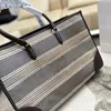 Luxury designer stripes Tote shopping bags Denim Linen Large capacity handbags canvas bags letter shoulder bag portable Holiday beach handbag 43cm
