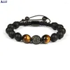 Fios de miçangas Design Black CZ Ball Macrame Bracelet com 8mm de olho de tigre natural e jóias de pedra fosco de joalheria Lars22