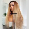 Ombre honingblonde paardenstaart yaki rechte hd 360 kanten frontale pruiken vooraf geplukte 13x6 kanten menselijk haar gluueless kinky rechte pruik