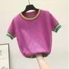 Camiseta de malha feminina colorida flor Jacquard manga curta camiseta feminina suéter tops chique alta qualidade 22GG