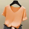 ニット半袖シャツの女性トップソリッド韓国夏のTシャツ薄いVネックニットメスティーカジュアルT 13539 220402