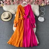 Casual Dresses Fashion V Neck Elegant Big Swing Maxi Dress For Women 2022 Red Yellow Colorblock Satin Lace-up A-Line Beach Party