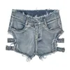 Sommar 648 # Sexig Nightclub Night Show Women's High Waist Denim Shorts Letter Jeans Tunna med hål