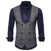 Men's Tank Tops Spring And Autumn Men's Casual U-neck Double-breasted Plaid Vest Slim Jacket Working Clothes For Men TopMen's