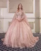 Sparkle Sequins Vestidos de 15 anos 2022 Puffy Quinceanera-jurk met cape baske zoete 16 jurk lange prom jurk lieverd Lace-up Ballgown Gold Blue Lila Pink